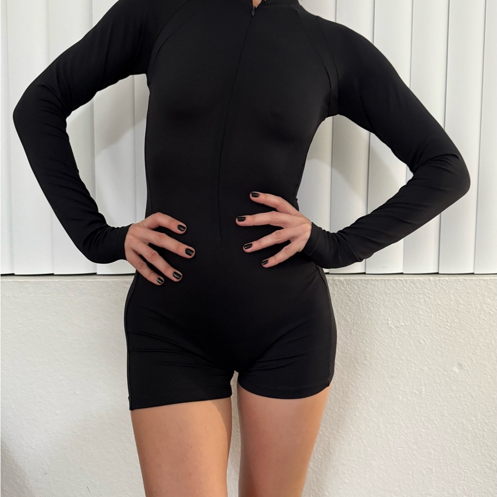 SKIMS x Nike Black Long-Sleeve Zip Front One-Piece Bodysuit